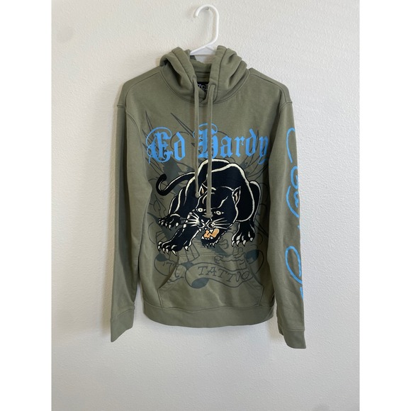 Y2K Ed Hardy Mens Small Green Panther Tattoo Graphic Hoodie Sweatshirt